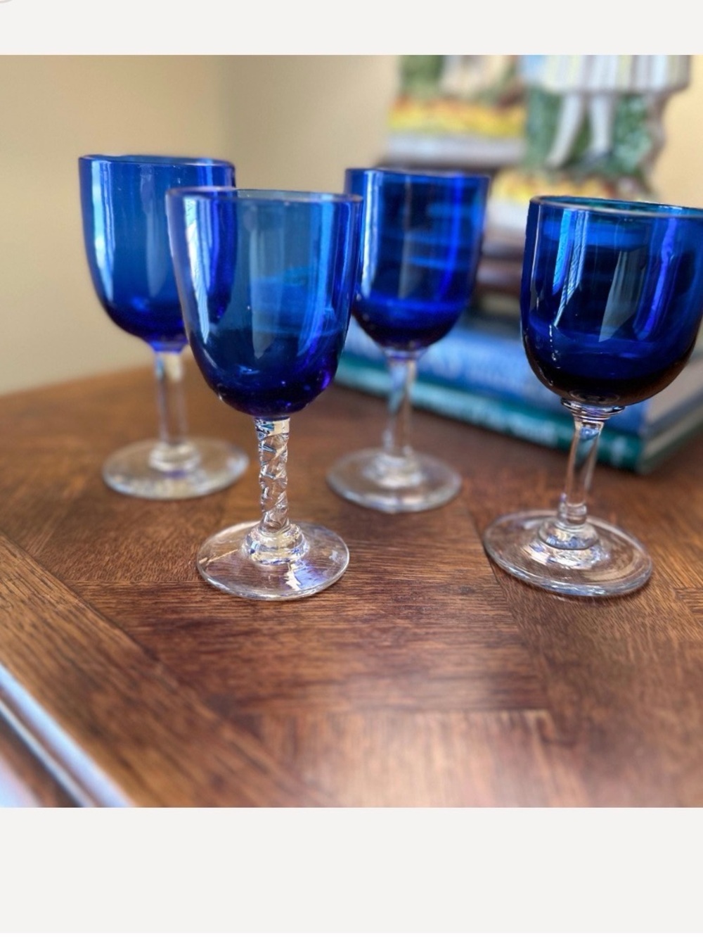 Antique Cobalt Blue Stemmed Cordial Glasses - Set of 4